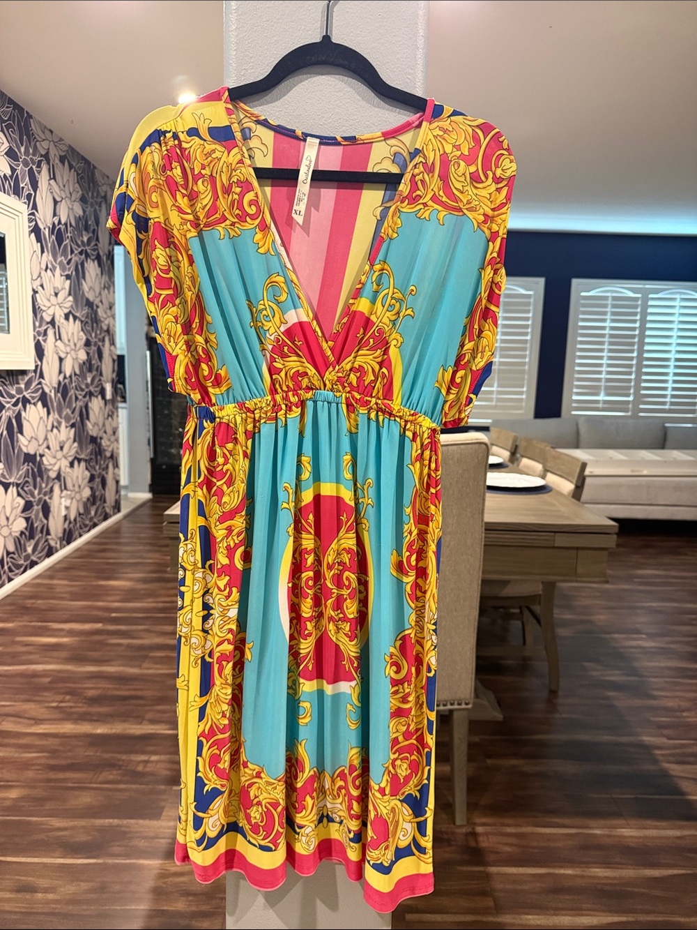 Cristinalove Bright Blue and Yellow Baroque-Print Midi Dress